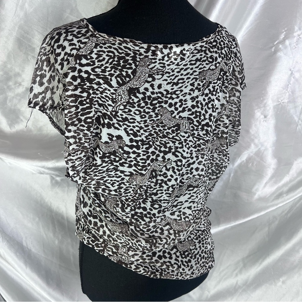 French Laundry Sheer Cream & Brown Cheetah Tie-Front Tee Y2K - Picture 4 of 8